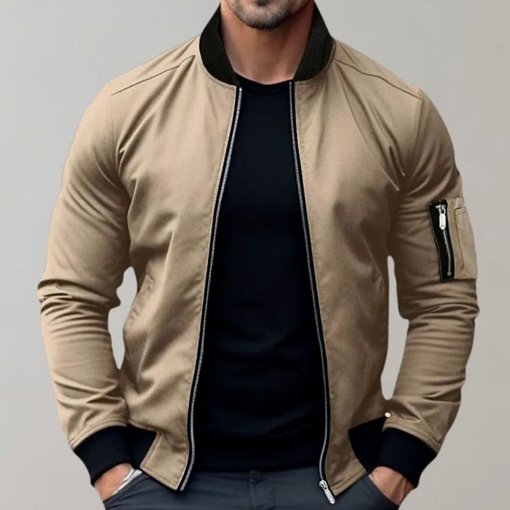 Men's Slim Fit Zip-Up Bomber Jacket Raglan Sleeve Pockets - Khaki