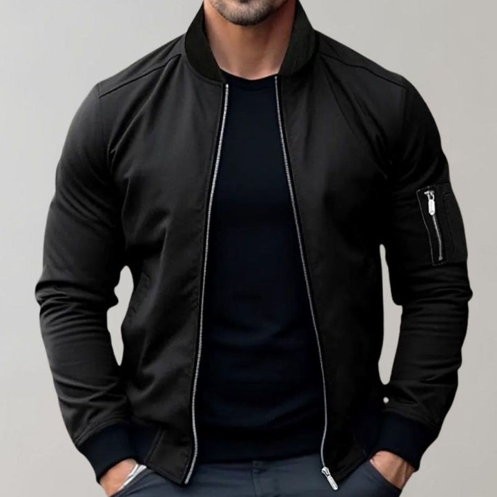 Men's Slim Fit Zip-Up Bomber Jacket Raglan Sleeve Pockets - Black