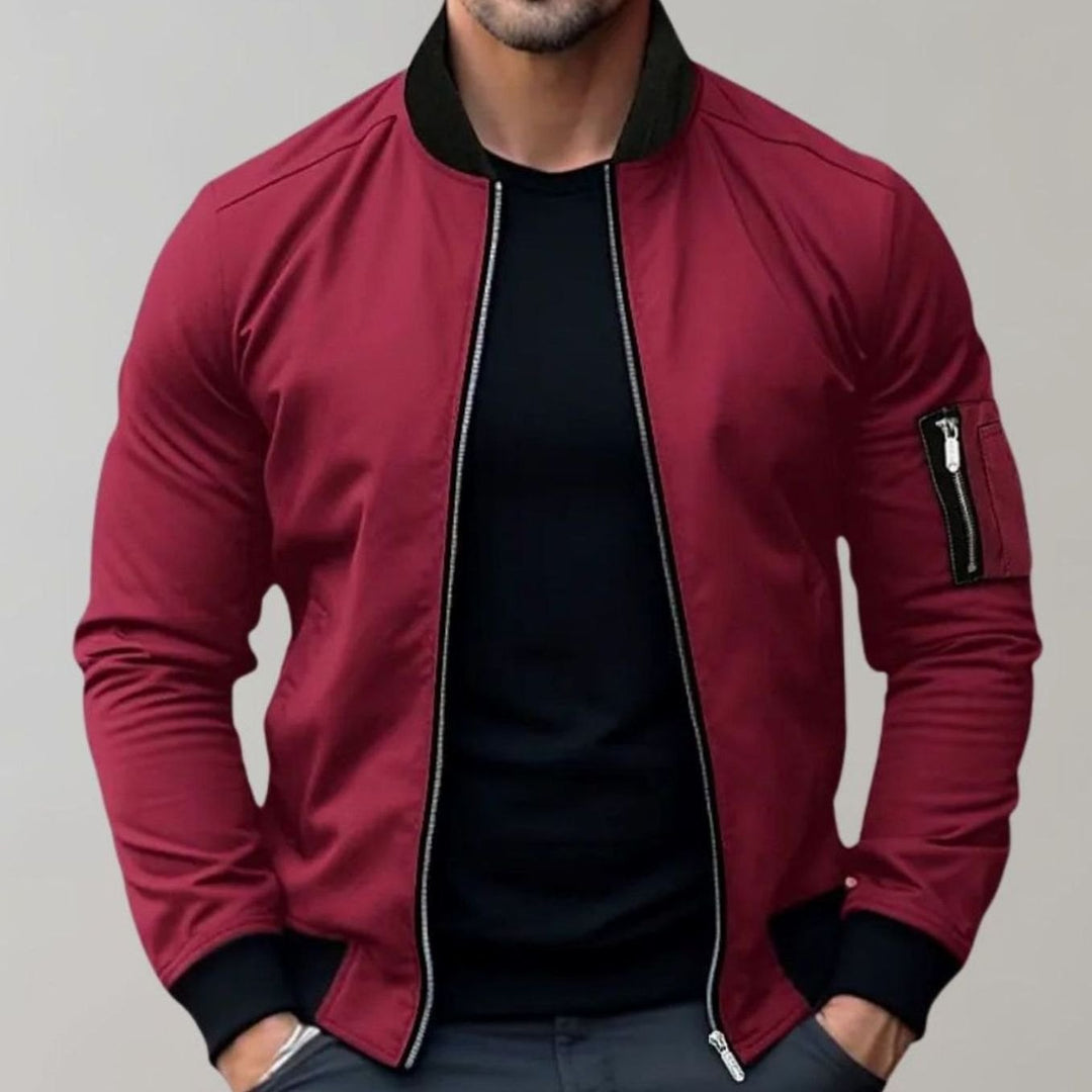 Men's Slim Fit Zip-Up Bomber Jacket Raglan Sleeve Pockets - Burgundy