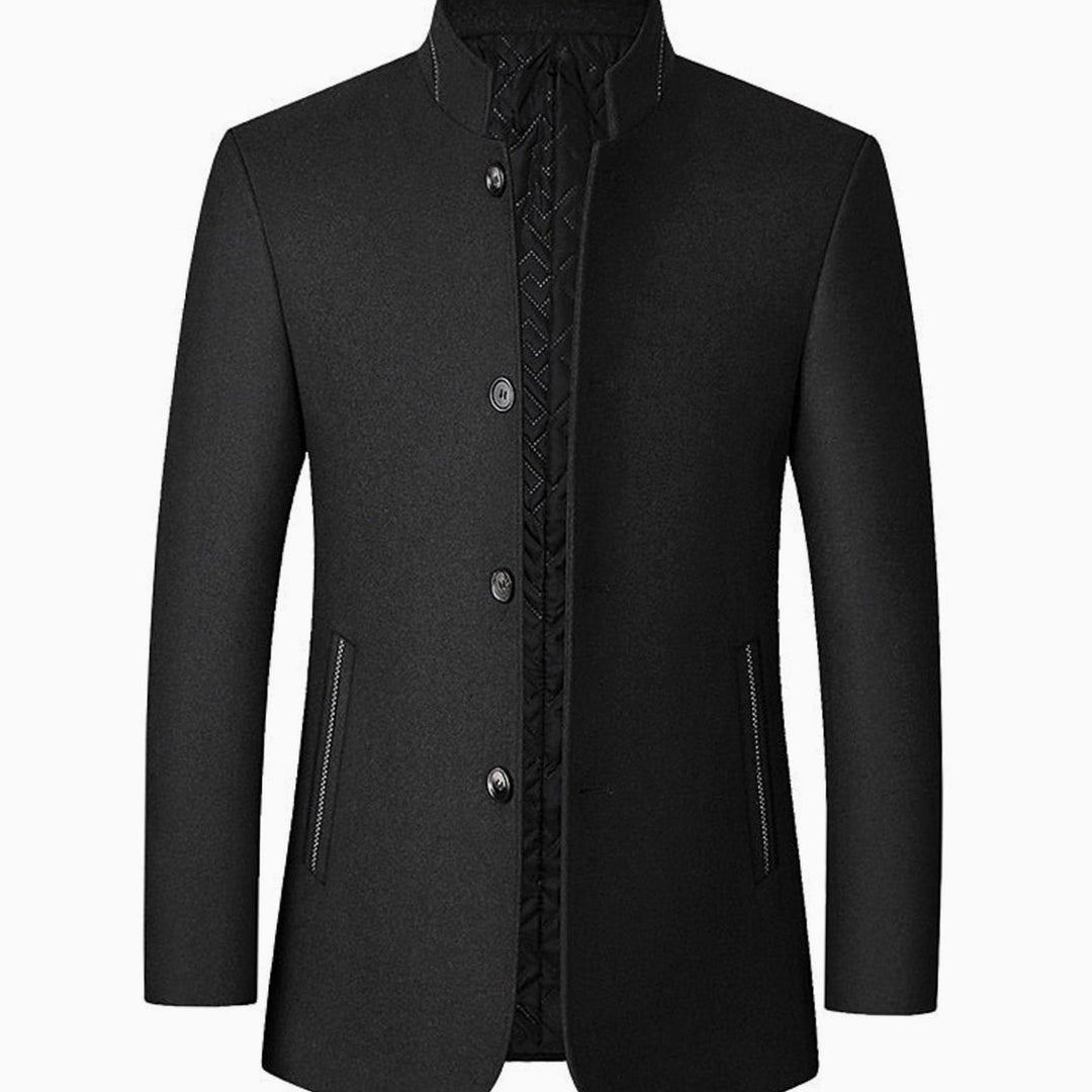 Men's Stand Collar Wool Coat Tailored Button-Front Overcoat - Black