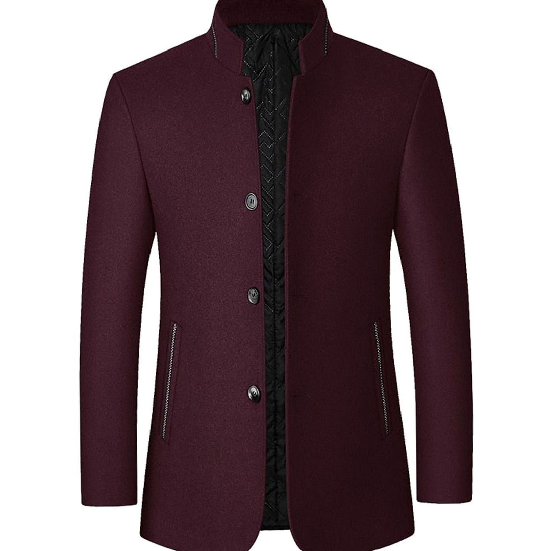 Men's Stand Collar Wool Coat Tailored Button-Front Overcoat - Wine