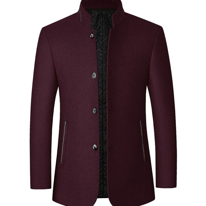 Men's Stand Collar Wool Coat Tailored Button-Front Overcoat - Wine