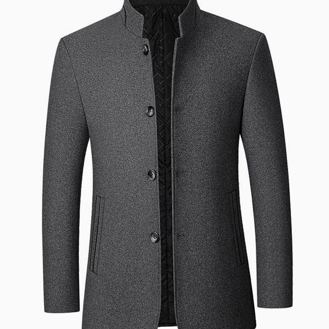 Men's Stand Collar Wool Coat Tailored Button-Front Overcoat - Gray