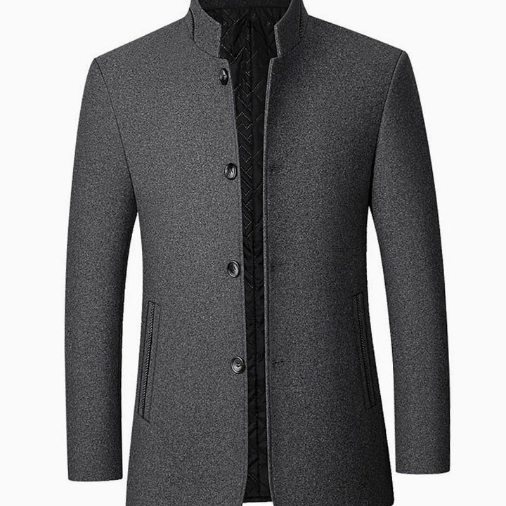 Men's Stand Collar Wool Coat Tailored Button-Front Overcoat - Gray