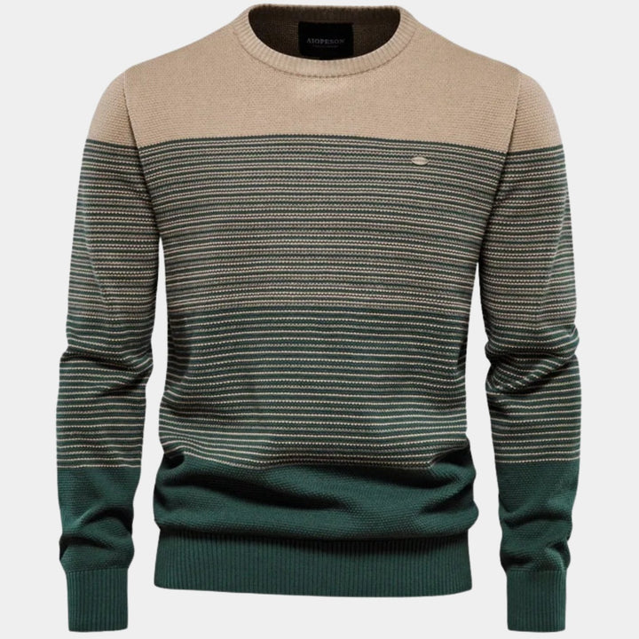 Men's Striped Color-Block Crew Neck Knit Pullover Sweater - Green