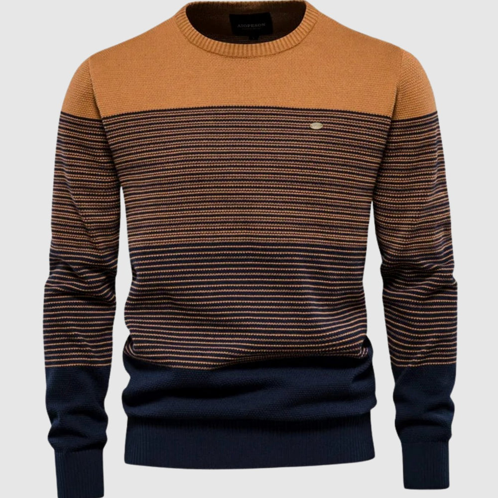 Men's Striped Color-Block Crew Neck Knit Pullover Sweater - Orange