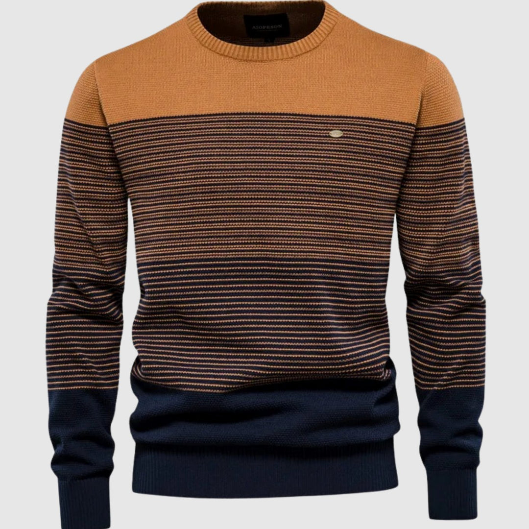 Men's Striped Color-Block Crew Neck Knit Pullover Sweater - Orange