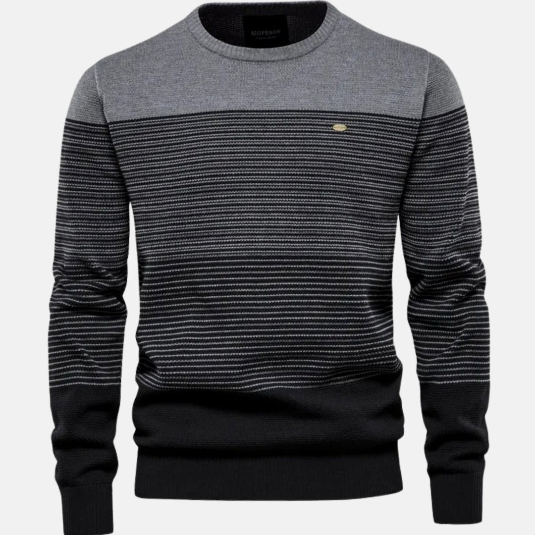 Men's Striped Color-Block Crew Neck Knit Pullover Sweater - Gray