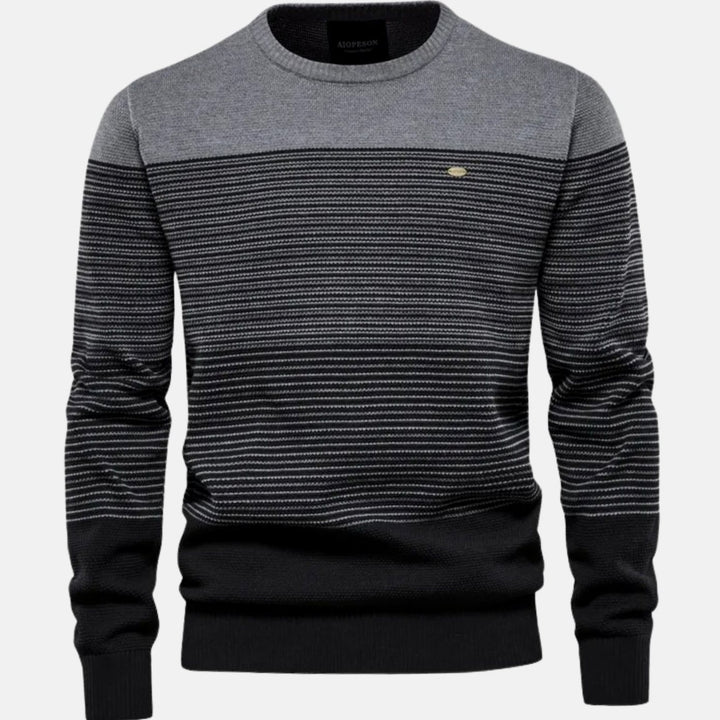 Men's Striped Color-Block Crew Neck Knit Pullover Sweater - Gray