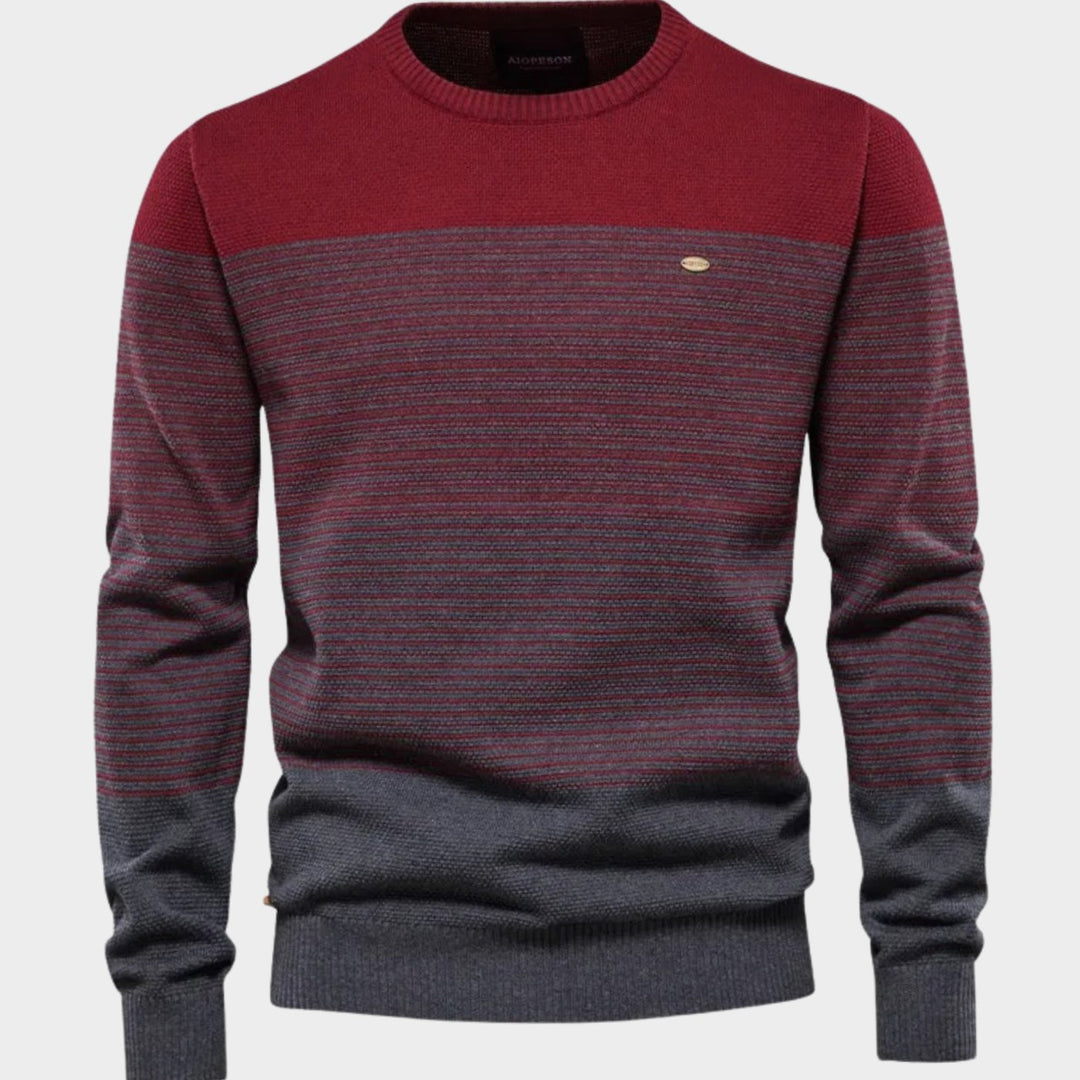 Men's Striped Color-Block Crew Neck Knit Pullover Sweater - Red