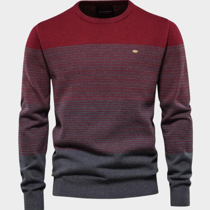 Men's Striped Color-Block Crew Neck Knit Pullover Sweater - Red