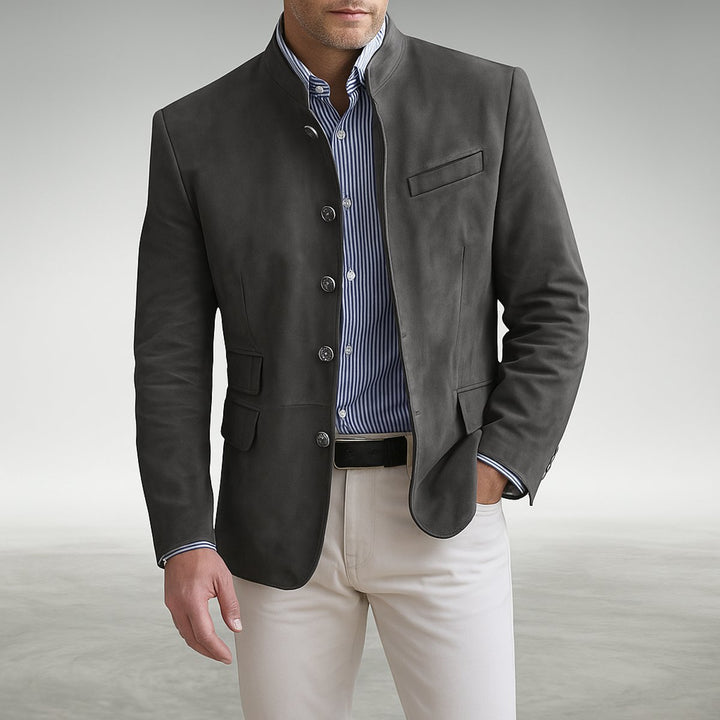 Men's Structured Mandarin-Collar Button-Front Blazer Jacket - Gray