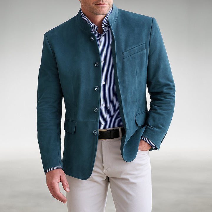 Men's Structured Mandarin-Collar Button-Front Blazer Jacket - Blue