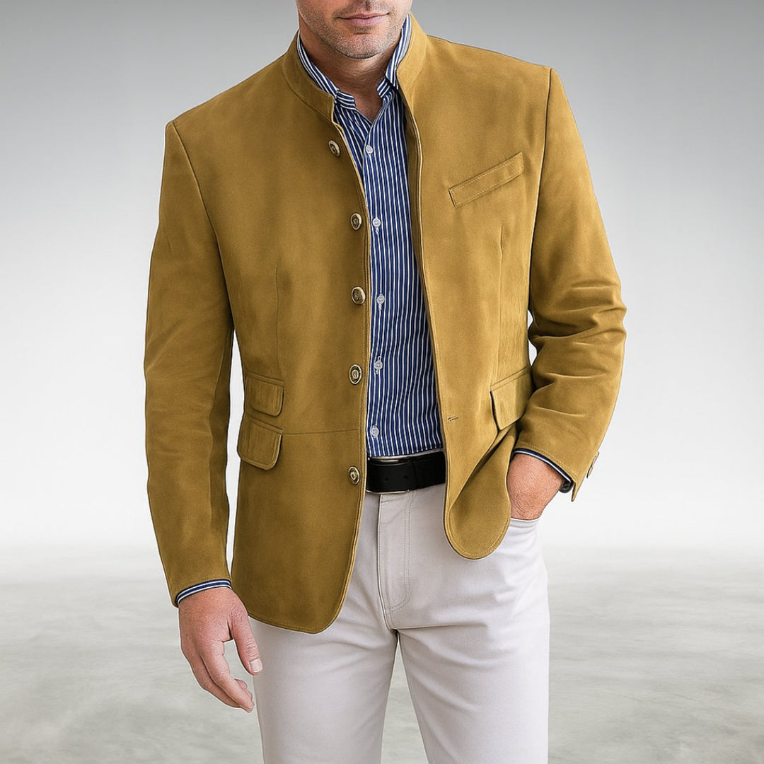 Men's Structured Mandarin-Collar Button-Front Blazer Jacket - Yellow