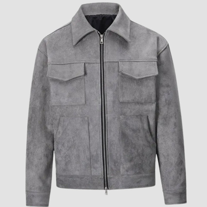 Men's Suede-Look Zip-Up Trucker Jacket Multi-Pocket - Gray