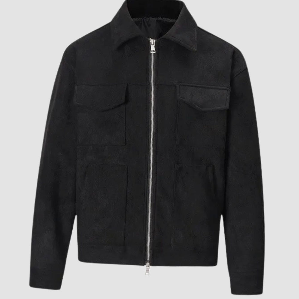 Men's Suede-Look Zip-Up Trucker Jacket Multi-Pocket - Black