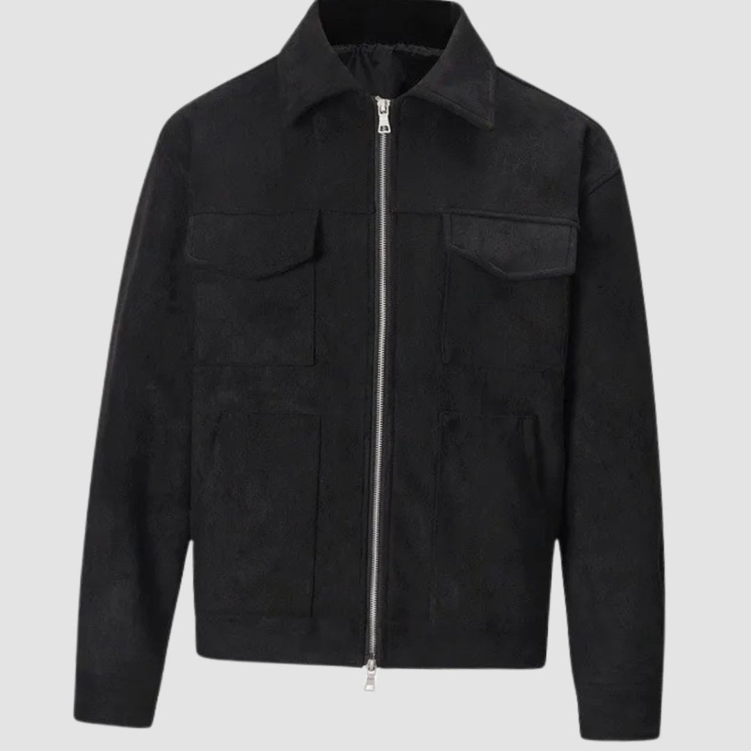 Men's Suede-Look Zip-Up Trucker Jacket Multi-Pocket - Black