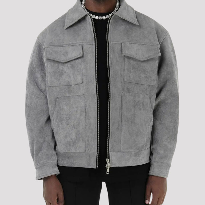 Men's Suede-Look Zip-Up Trucker Jacket Multi-Pocket