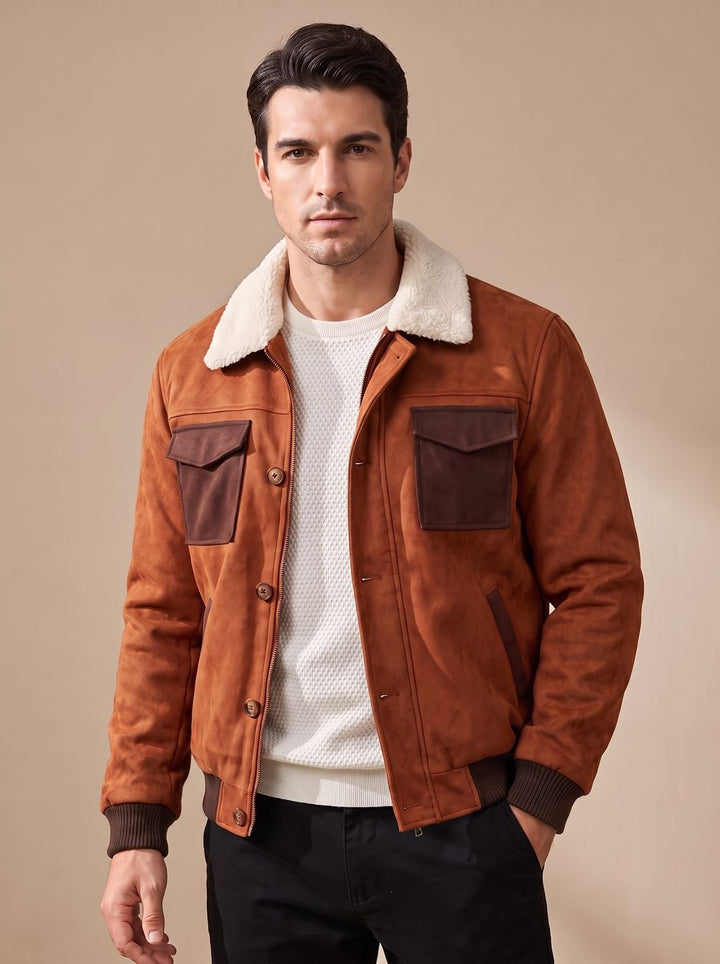 Men's Suede Sherpa-Lined Button-Front Bomber Jacket, Tan Brown