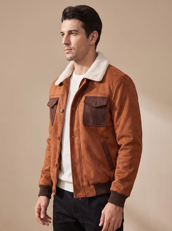 Men's Suede Sherpa-Lined Button-Front Bomber Jacket, Tan Brown
