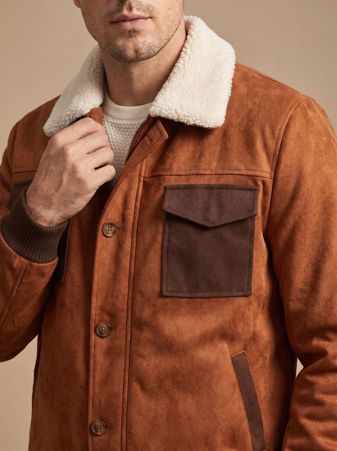 Men's Suede Sherpa-Lined Button-Front Bomber Jacket, Tan Brown
