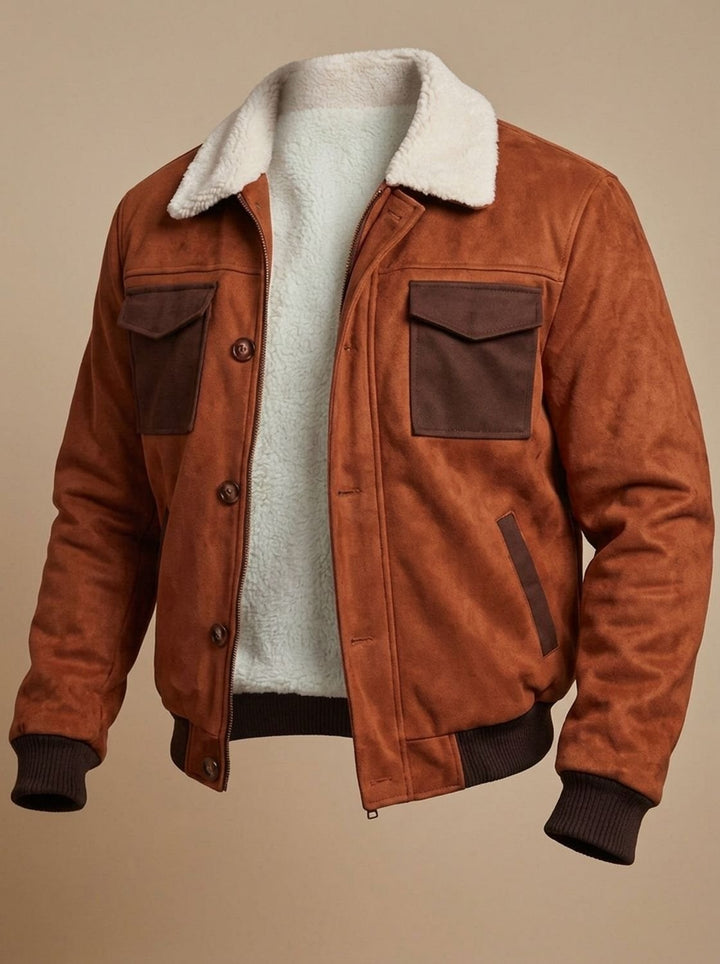 Men's Suede Sherpa-Lined Button-Front Bomber Jacket, Tan Brown