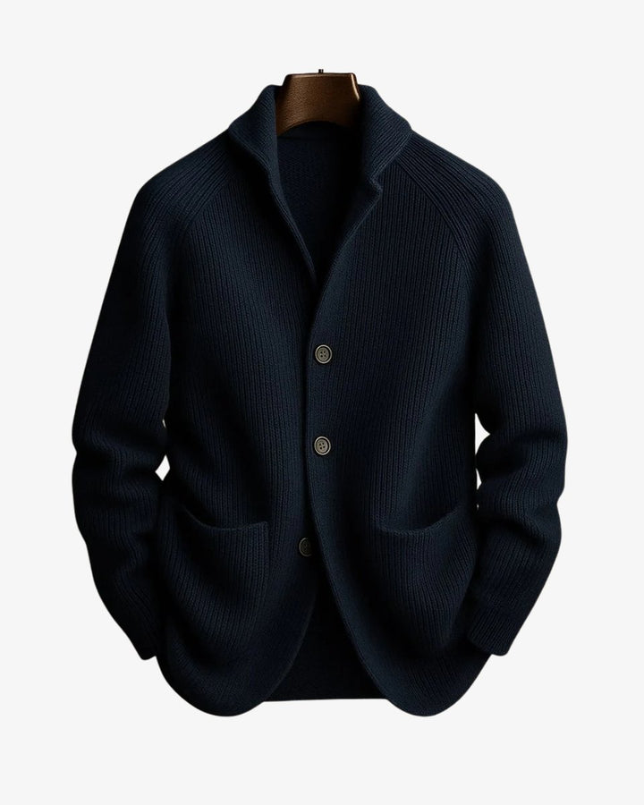 Men's Tailored Button-Front Ribbed Knit Cardigan Sweater - Navy