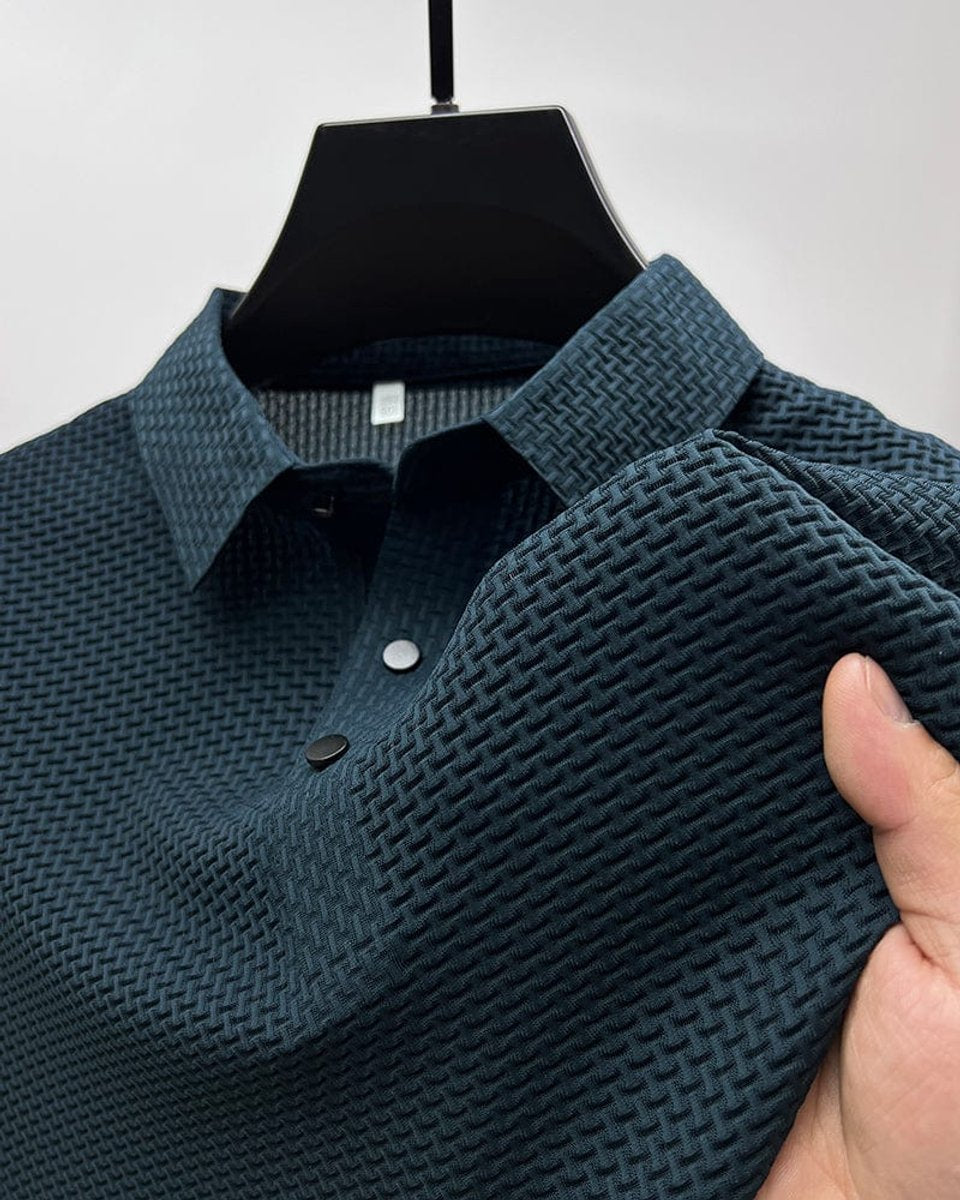 Men's Textured Breathable Button-Up Polo Shirt - Navy Blue