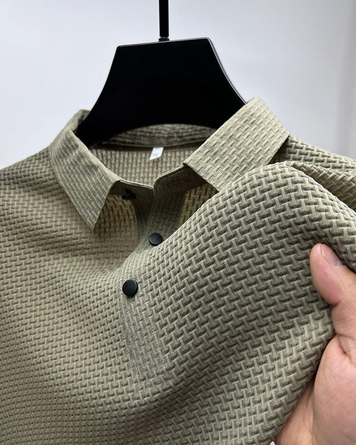 Men's Textured Breathable Button-Up Polo Shirt - Beige