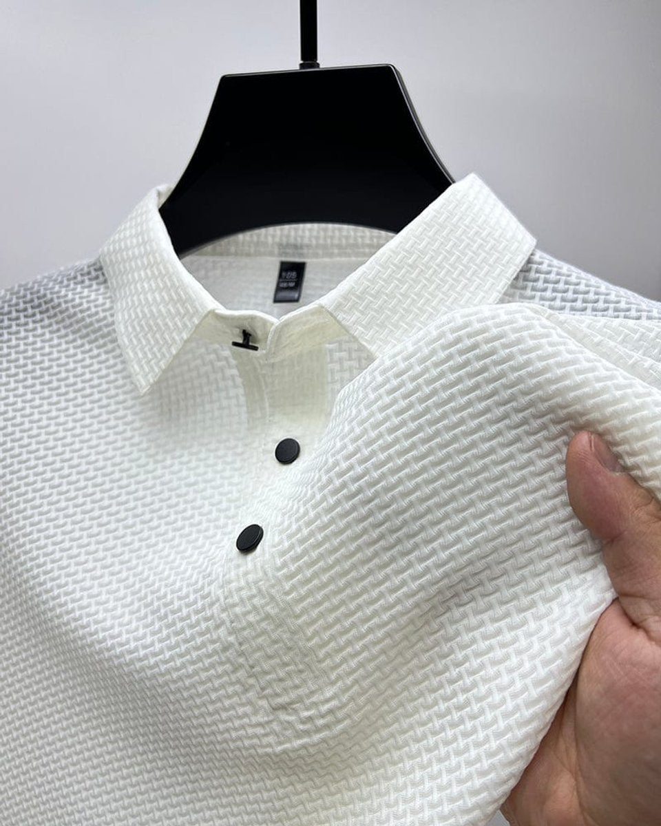 Men's Textured Breathable Button-Up Polo Shirt - White