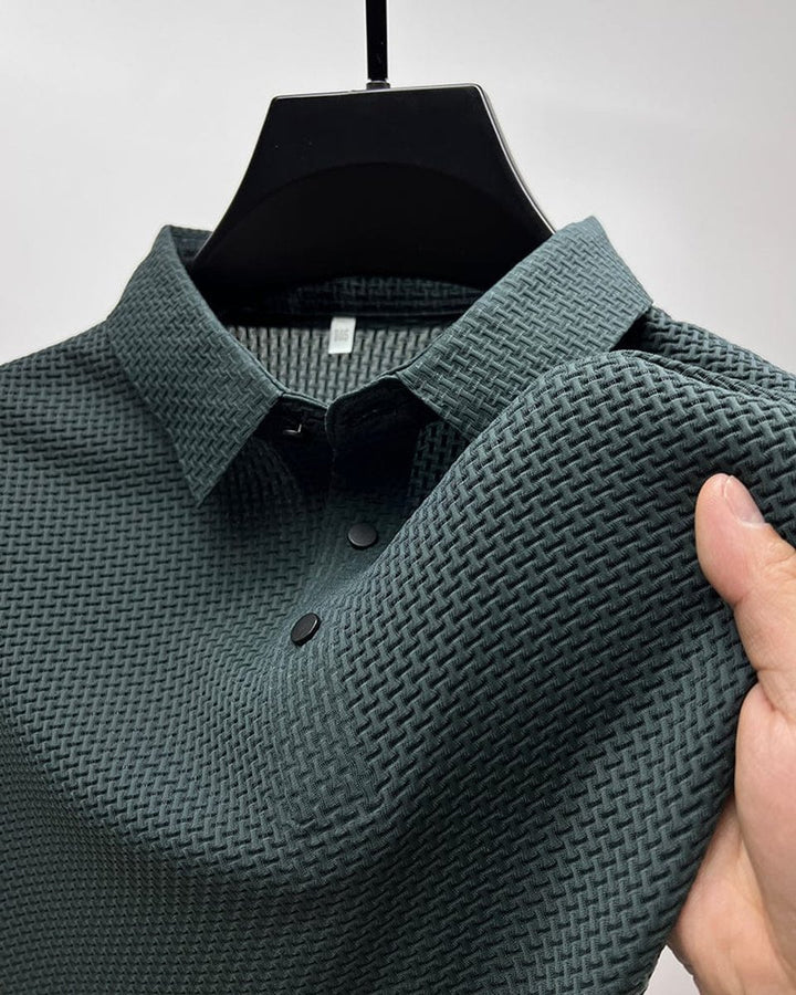 Men's Textured Breathable Button-Up Polo Shirt - Dark Green