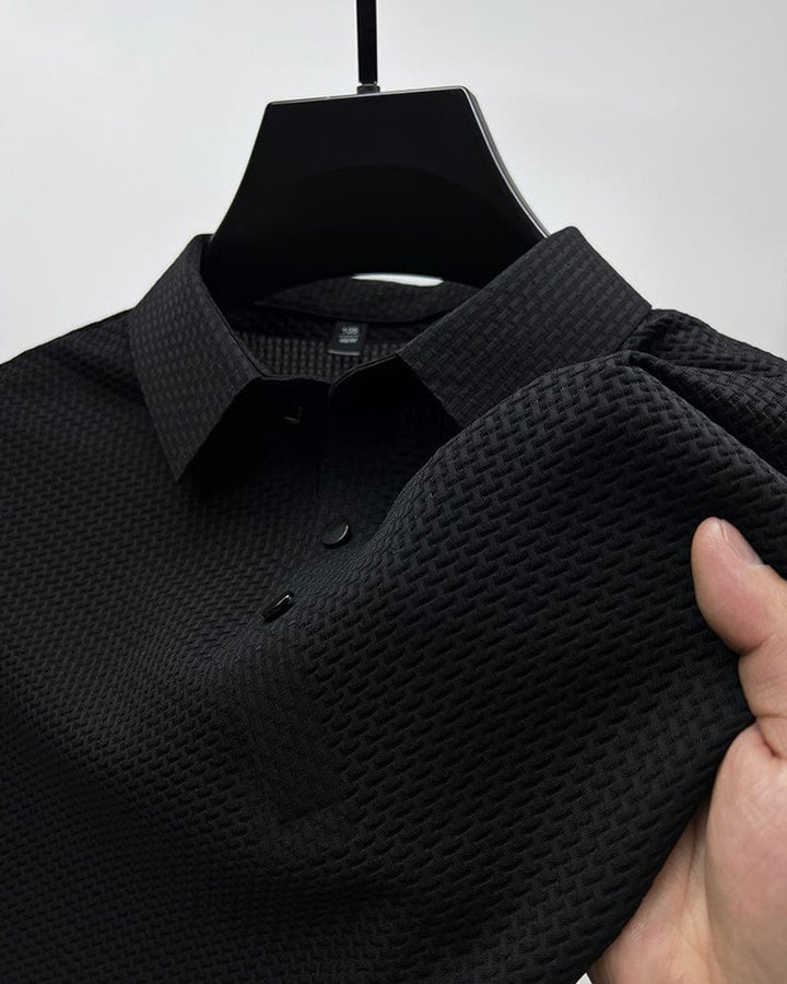 Men's Textured Breathable Button-Up Polo Shirt - Black