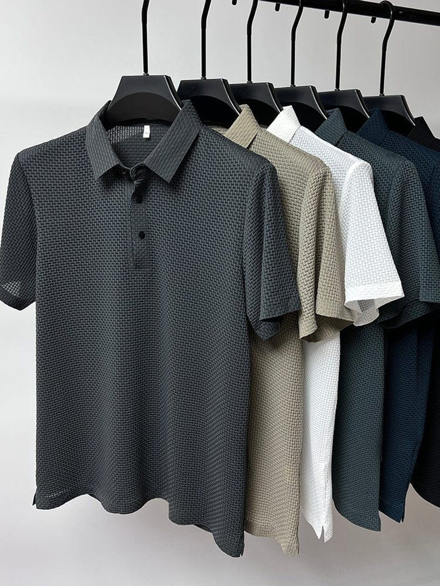 Men's Textured Breathable Button-Up Polo Shirt