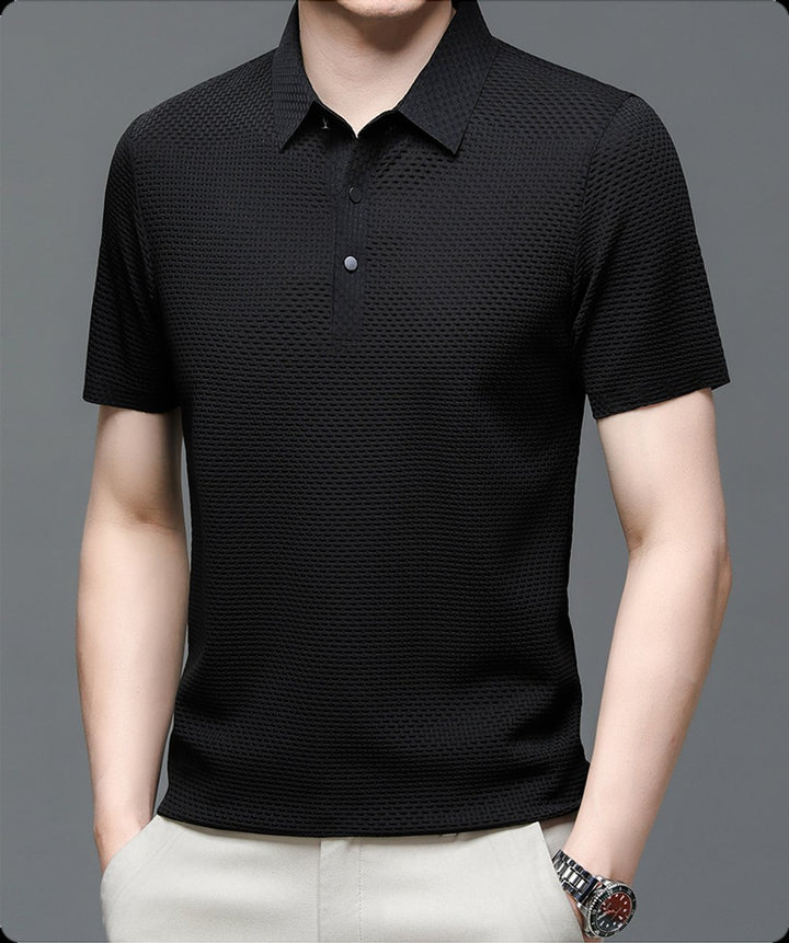 Men's Textured Breathable Button-Up Polo Shirt