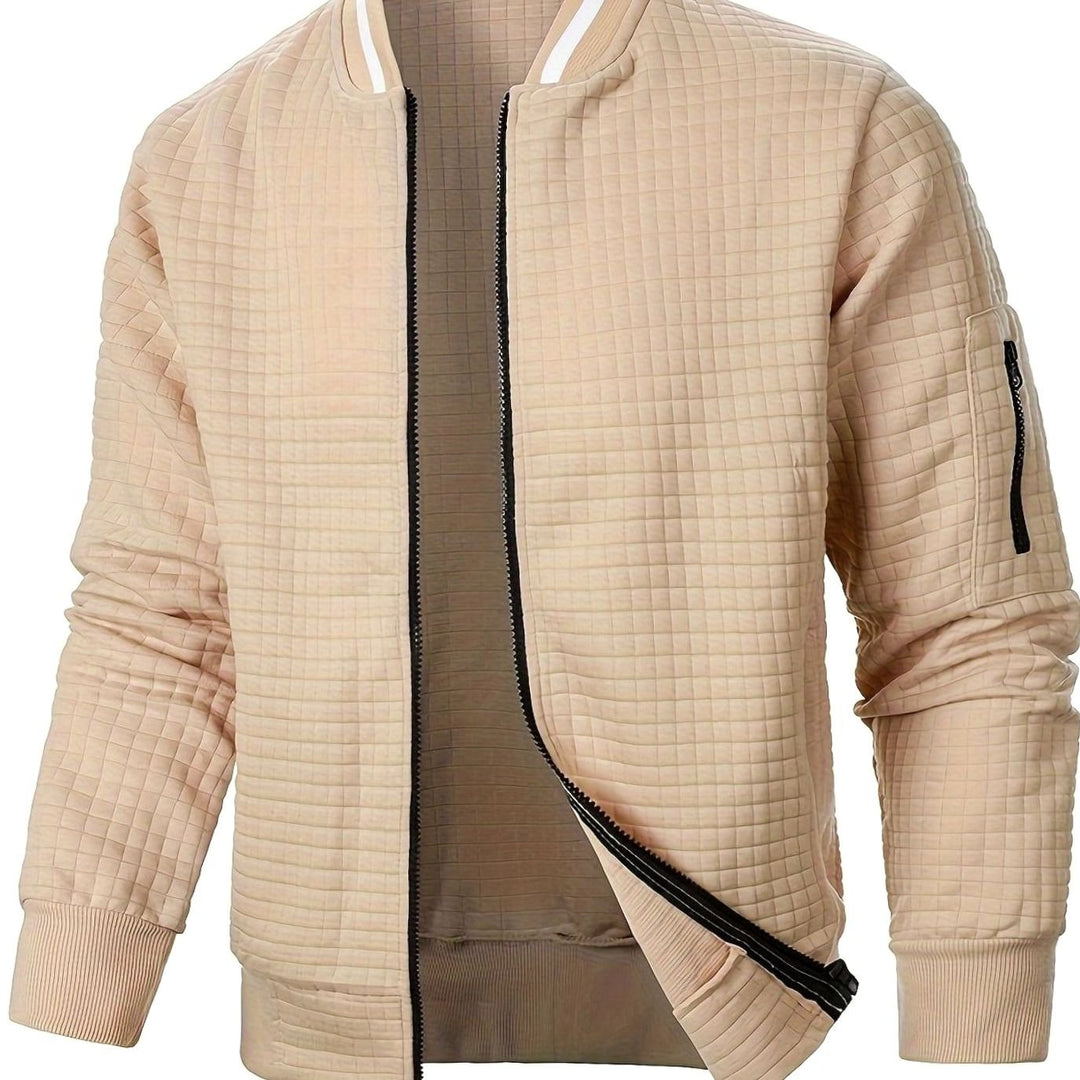 Men's Textured Grid Zip-Up Bomber Jacket - Khaki