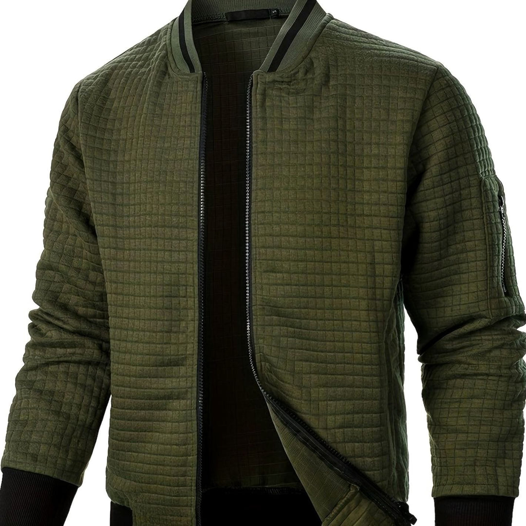 Men's Textured Grid Zip-Up Bomber Jacket - Military Green