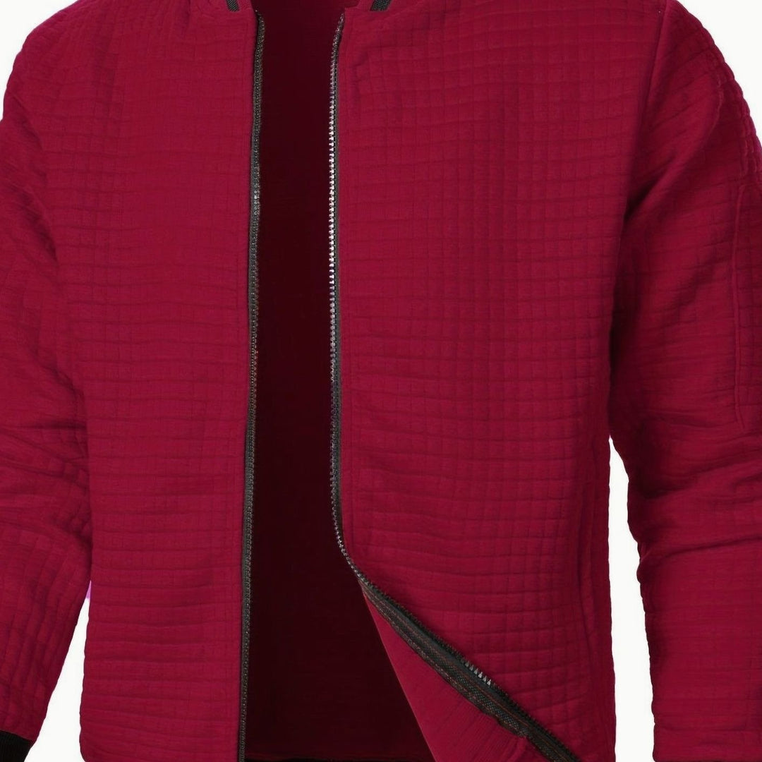 Men's Textured Grid Zip-Up Bomber Jacket - Burgundy