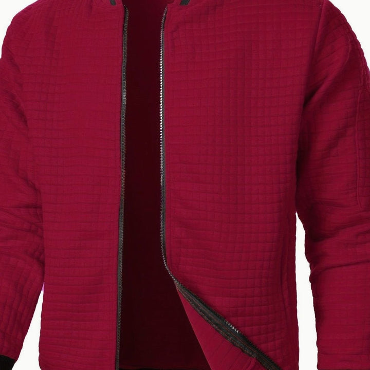 Men's Textured Grid Zip-Up Bomber Jacket - Burgundy