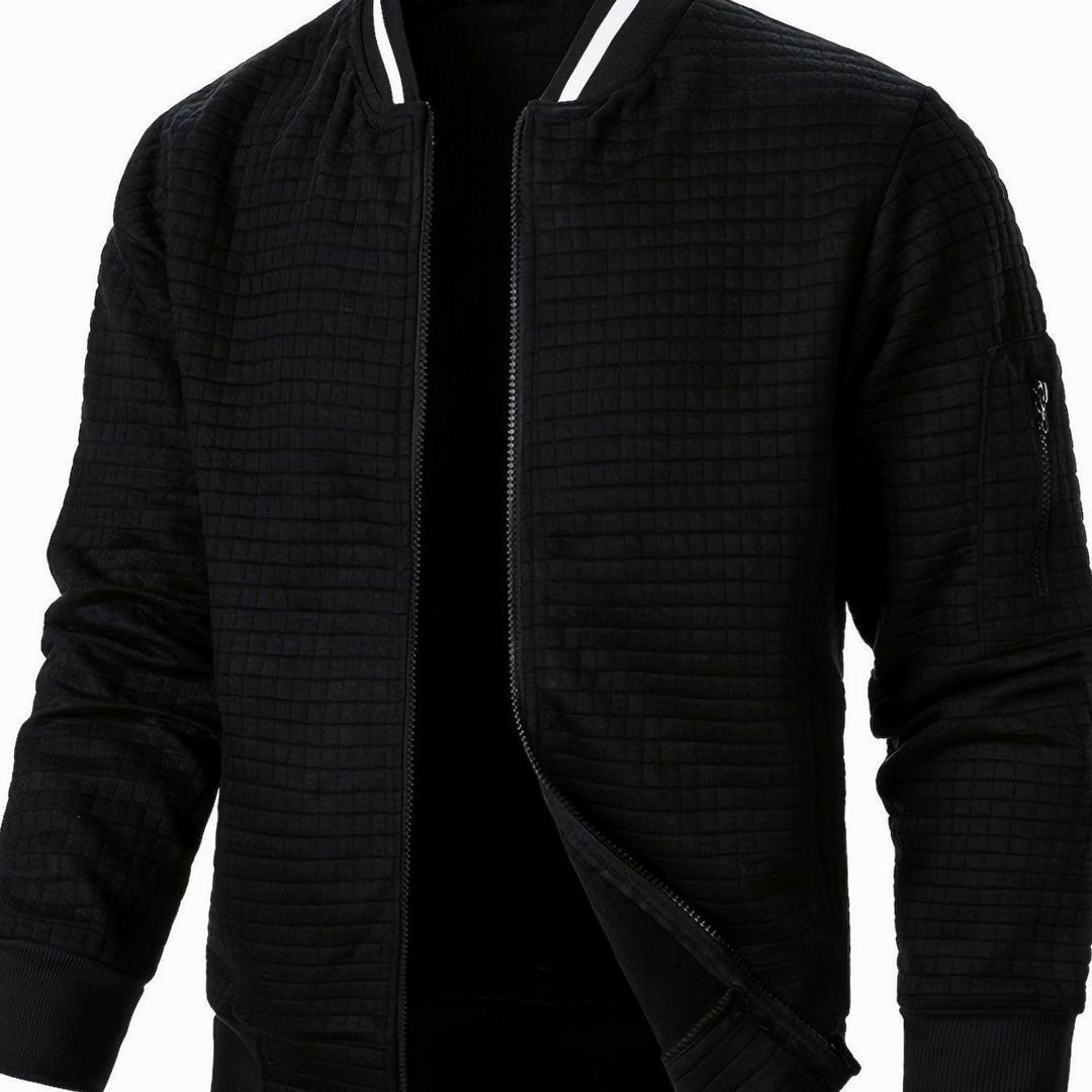 Men's Textured Grid Zip-Up Bomber Jacket - Black