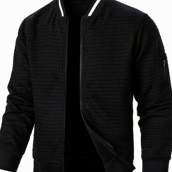 Men's Textured Grid Zip-Up Bomber Jacket - Black