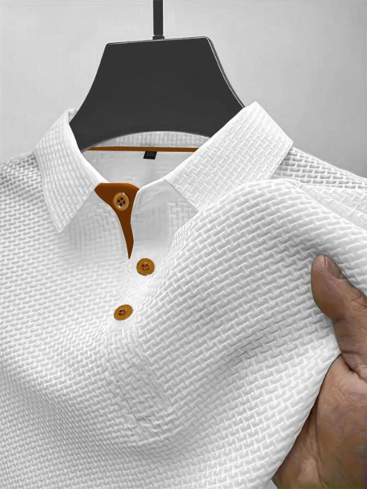 Men's Textured Woven-Pattern Short-Sleeve Polo Shirt - White