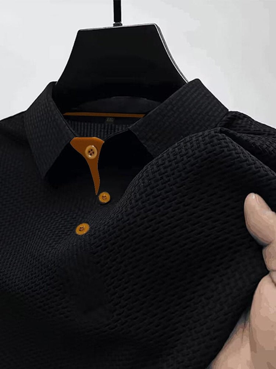 Men's Textured Woven-Pattern Short-Sleeve Polo Shirt - Black
