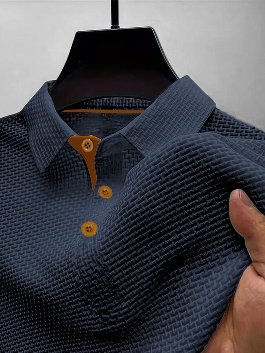 Men's Textured Woven-Pattern Short-Sleeve Polo Shirt - Dark Blue