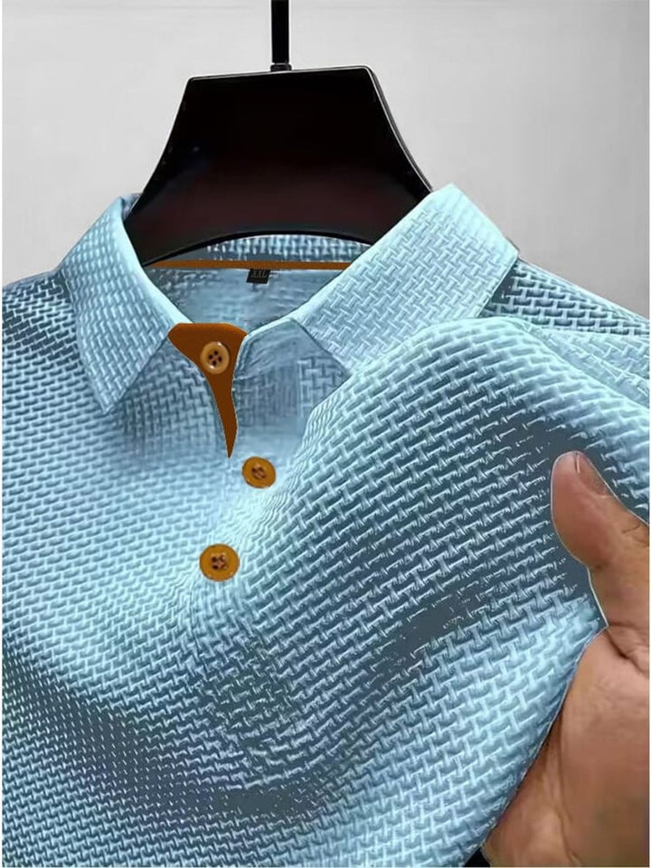 Men's Textured Woven-Pattern Short-Sleeve Polo Shirt - Light Blue