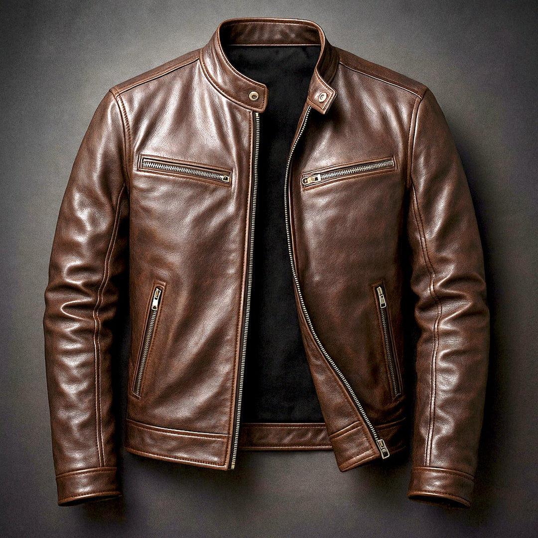 Men's Vintage Biker Leather Zip-Up Moto Jacket - Cigar Brown
