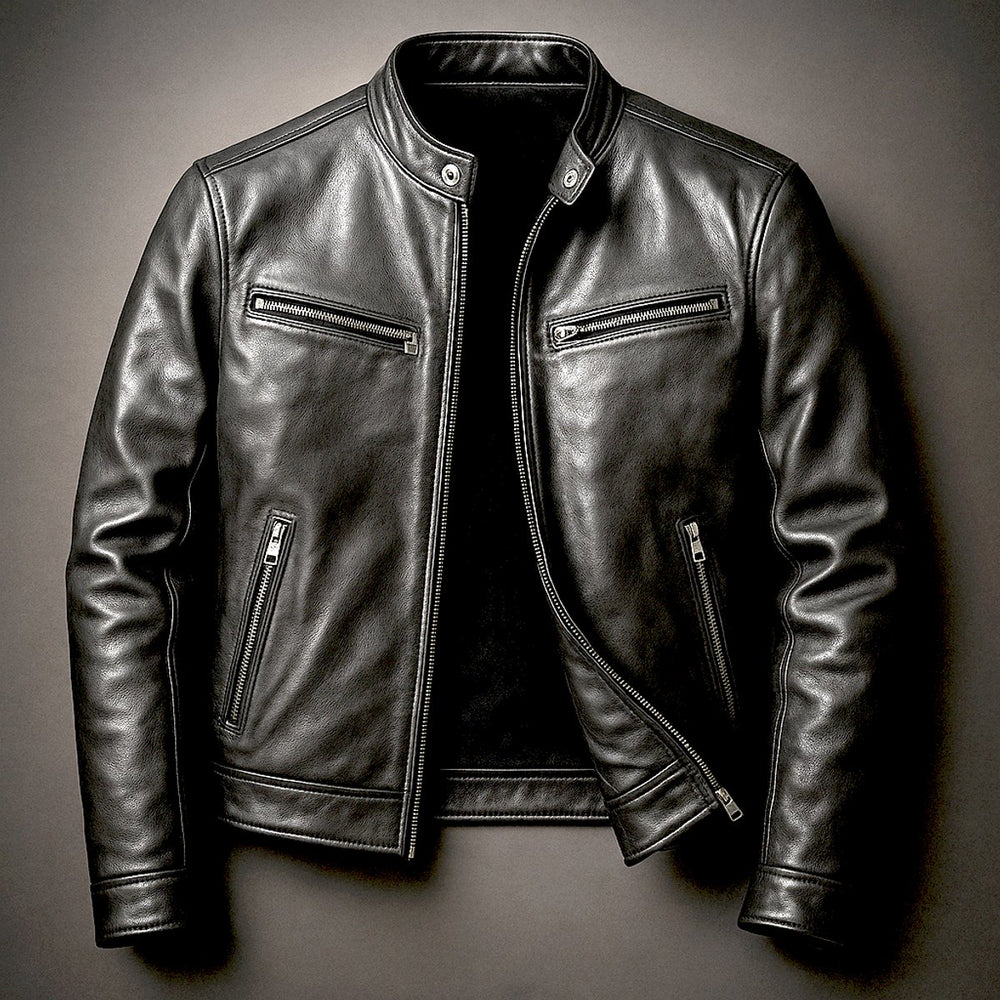 Men's Vintage Biker Leather Zip-Up Moto Jacket - Biker Black