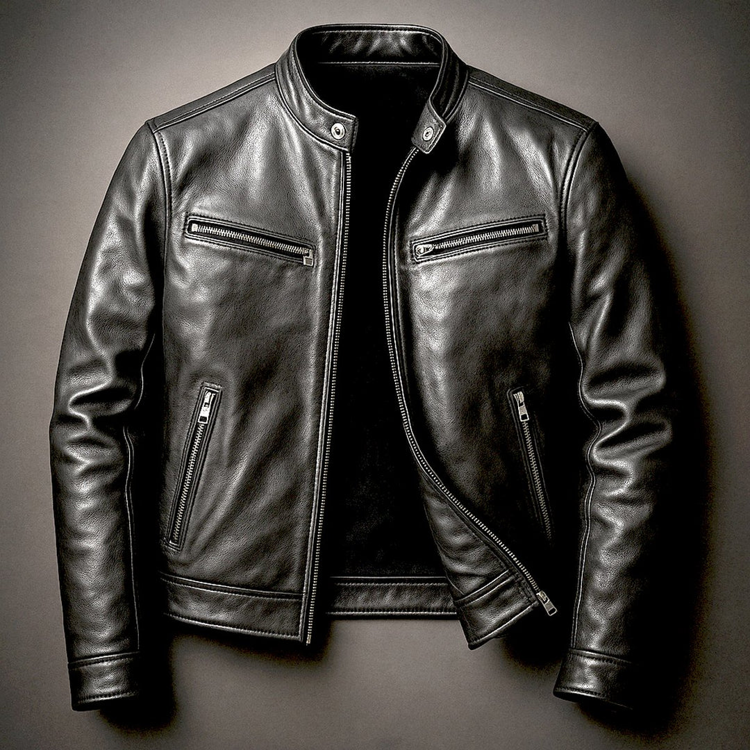 Men's Vintage Biker Leather Zip-Up Moto Jacket - Biker Black