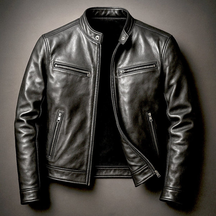 Men's Vintage Biker Leather Zip-Up Moto Jacket - Biker Black