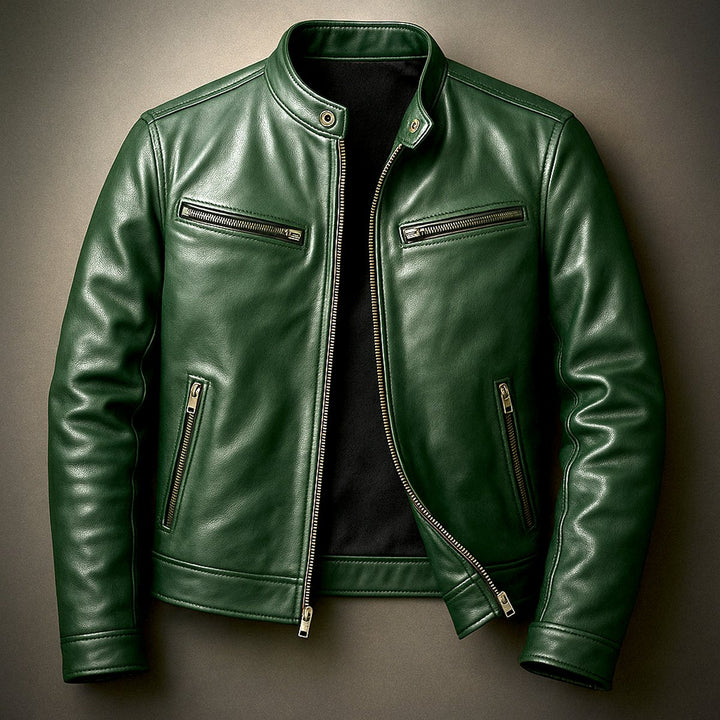 Men's Vintage Biker Leather Zip-Up Moto Jacket - Forest Green
