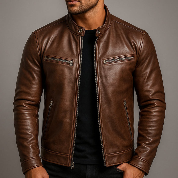 Men's Vintage Biker Leather Zip-Up Moto Jacket